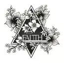 name Faith in a triangle with simple sakura flower tattoo design idea