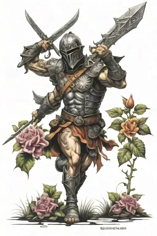 warrior in a garden scene tattoo design idea