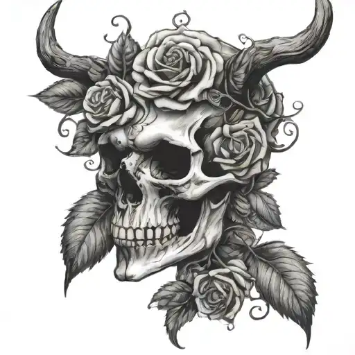 A Wendigo skull adorned with delicate black-grey roses tattoo design idea