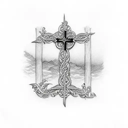 simple cross with cursive words: 1 Corinthians 13:4 M.B. tattoo design idea