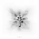simple cross with cursive words: 1 Corinthians 13:4 M.B. tattoo design idea