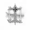 simple cross with cursive words: 1 Corinthians 13:4 M.B. tattoo design idea