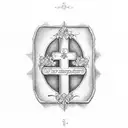 simple cross with cursive words: 1 Corinthians 13:4 M.B. tattoo design idea