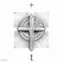 simple cross with cursive words: 1 Corinthians 13:4 M.B. tattoo design idea