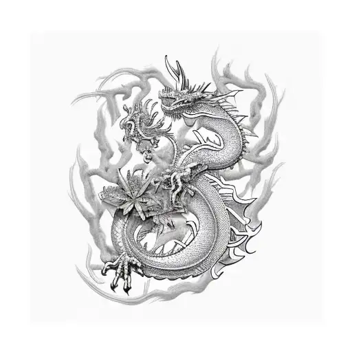 A majestic Western dragon coils around skeletal clockworks, adorned with Japanese spider lilies amidst a industrial back tattoo design idea