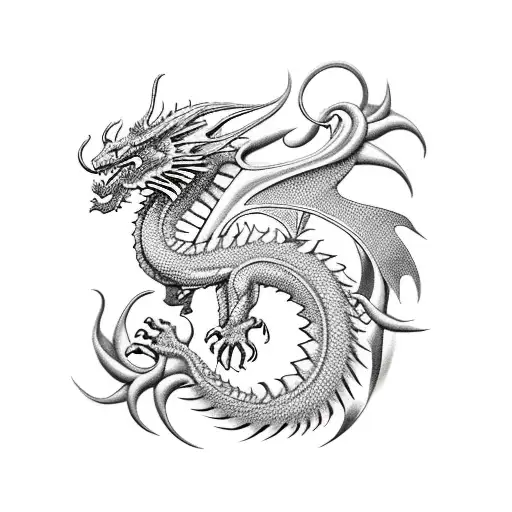 A majestic Western dragon coils around skeletal clockworks, adorned with Japanese spider lilies amidst a industrial back tattoo design idea