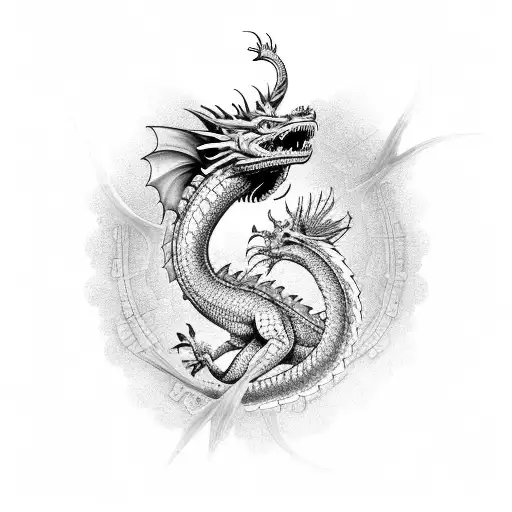 A majestic dragon, its scales intricately shaded, wraps around gears and cogs, amidst blooming Japanese spider lilies, v tattoo design idea