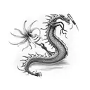 A majestic Western dragon coils around skeletal clockworks, adorned with Japanese spider lilies amidst a industrial back tattoo design idea