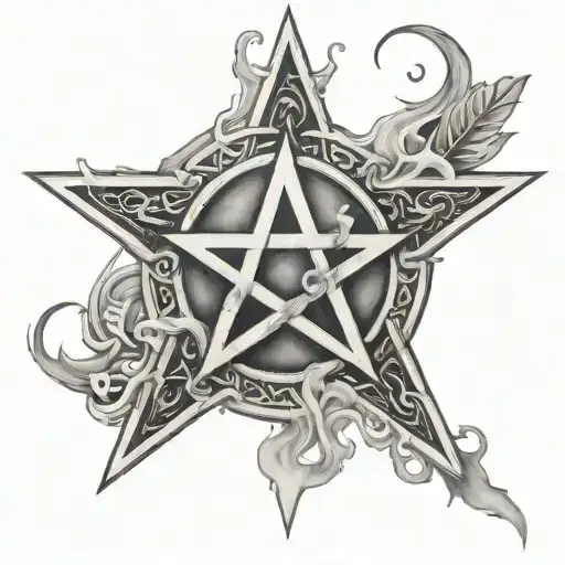 Crossed needles forming a pentagram surrounded by smoke tattoo design idea
