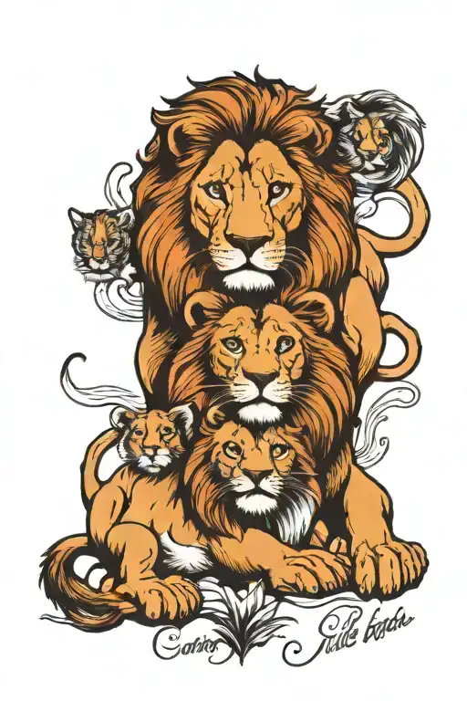 lion and lioness two cubs with a representing a quote through chaos come clarity  tattoo design idea