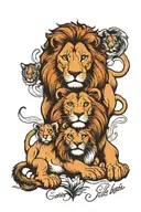 lion and lioness two cubs with a representing a quote through chaos come clarity  tattoo design idea