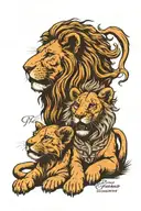 lion and lioness two cubs with a representing a quote through chaos come clarity  tattoo design idea