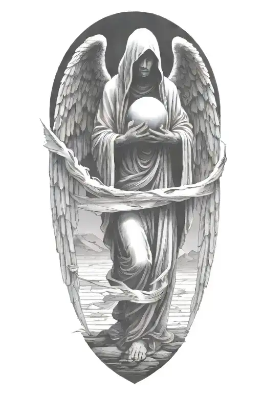 cloaked shadowy angel with glowing ball in hands tattoo design idea