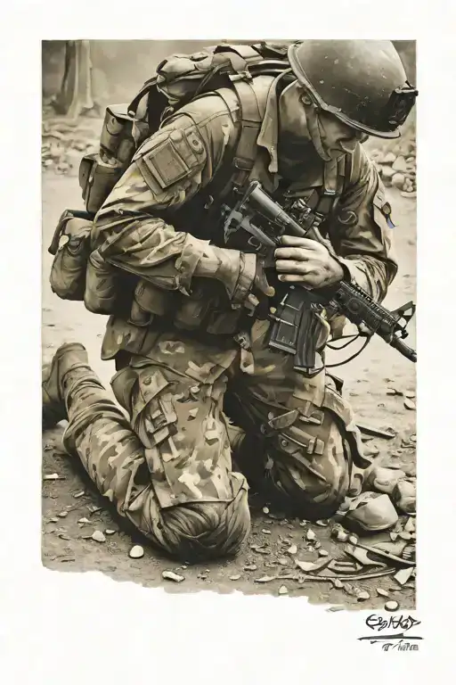 soldier kneeling looking at wounded  comrade tattoo design idea