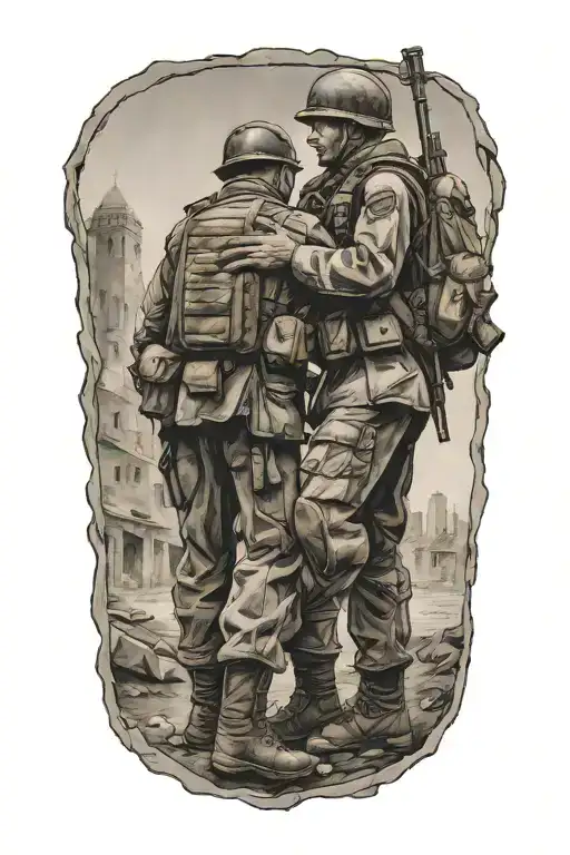 1 soldier standing  over a wounded comrade tattoo design idea