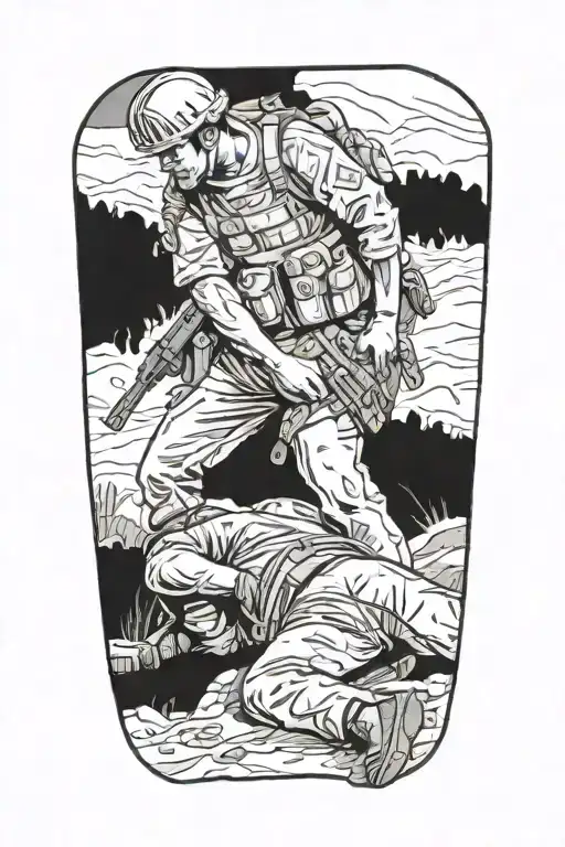 1 soldier standing  over a wounded comrade laying on the ground tattoo design idea