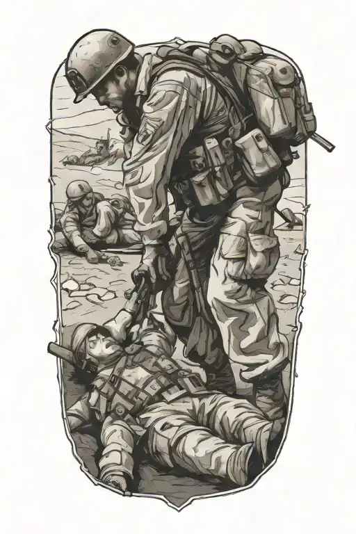 1 soldier standing  over a wounded comrade laying on the ground tattoo design idea