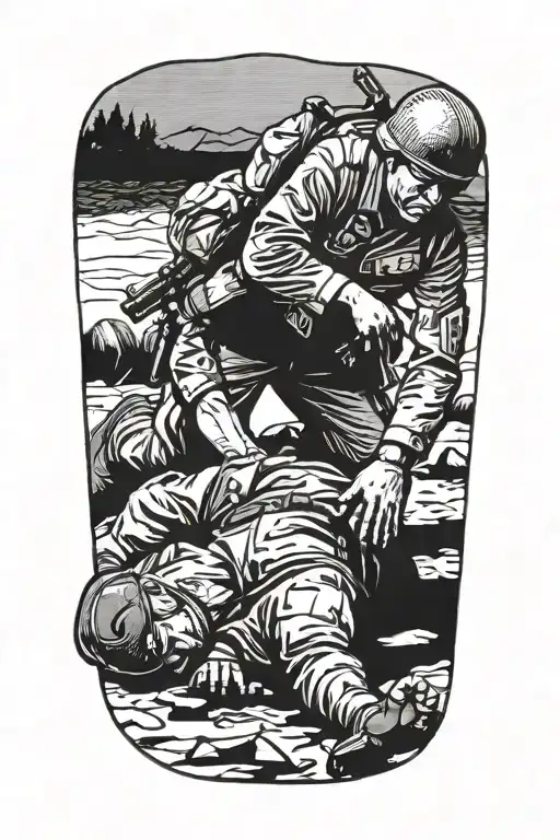 1 soldier standing  over a wounded comrade laying on the ground tattoo design idea