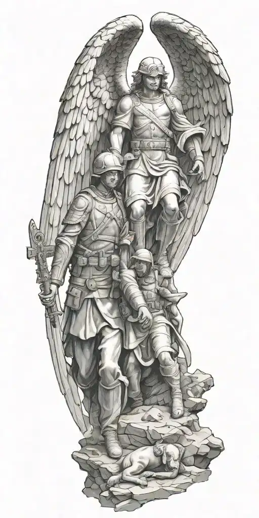 guardian angel standing over soldier kneeling over dead comrade tattoo design idea