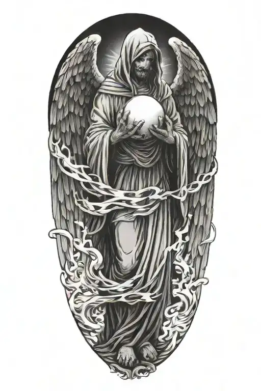 cloaked shadowy angel with glowing ball in hands tattoo design idea