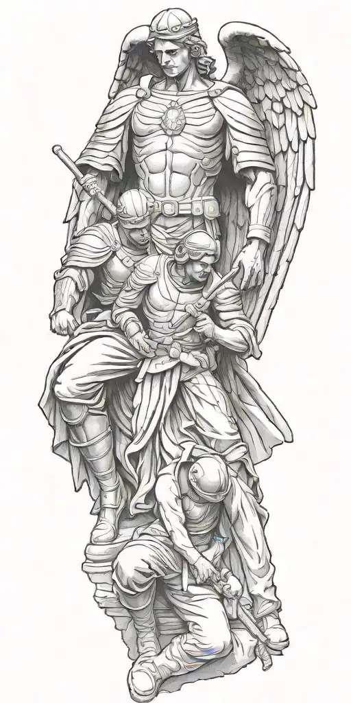 guardian angel standing over soldier kneeling over dead comrade tattoo design idea