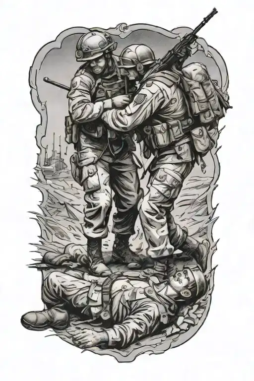 1 soldier standing  over a wounded comrade laying on the ground tattoo design idea