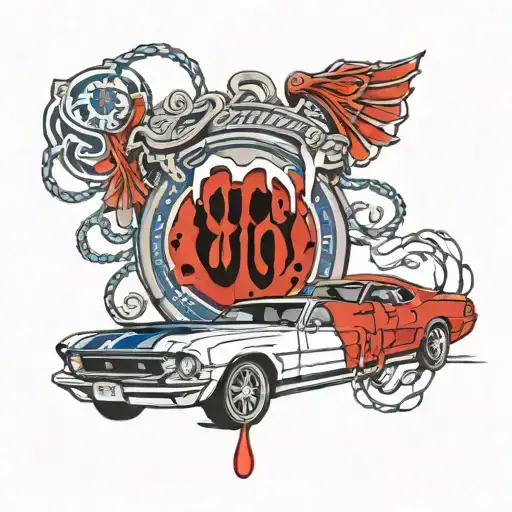 Blood bag going into a “ford” car logo and blue blood being taken out of a “ford” car logo tattoo design idea