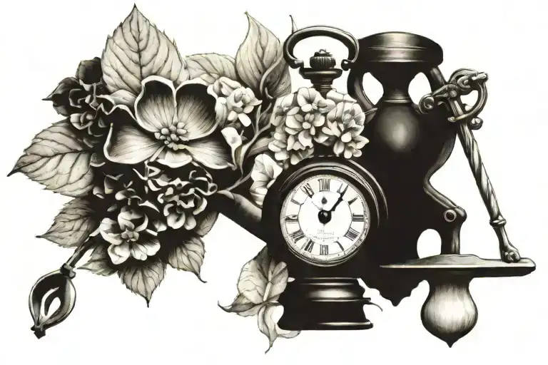 containing an antique pocket watch, an hourglass, a hydrangea, a bit and a shovel from a mine, the cross of tattoo design idea