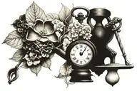 containing an antique pocket watch, an hourglass, a hydrangea, a bit and a shovel from a mine, the cross of tattoo design idea