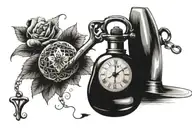 containing an antique pocket watch, an hourglass, a hydrangea, a bit and a shovel from a mine, the cross of tattoo design idea