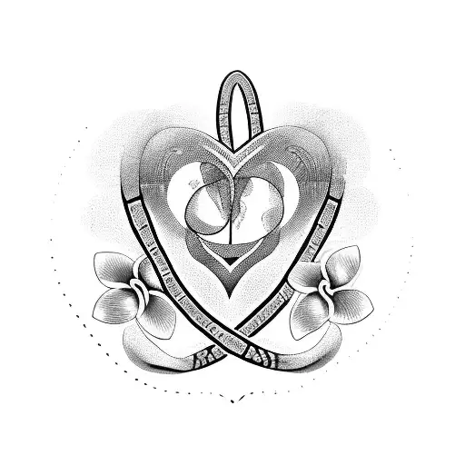 An infinity symbol with a heart on the infinity line, featuring a turtle with tribal details inside it, surrounded by plumeria flowers and soft sea waves tattoo design idea