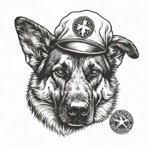 A realistic portrait of a German Shepherd wearing a nurse's hat, symbolizing your occupation and love for dogs tattoo design idea