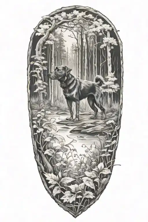 A black-grey tattoo of a dog being rescued from a forest with nature elements like trees and flowers in the background tattoo design idea