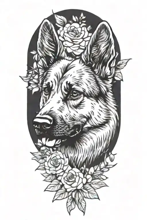 A German Shepherd and a bouquet of flowers intertwined to symbolize the bond between your son Beckham and your love for dogs tattoo design idea