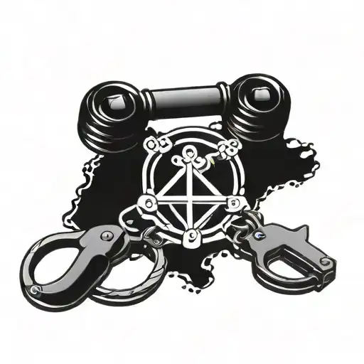 Chemical structure of a favorite drug molecule intertwined with police badge and handcuffs tattoo design idea