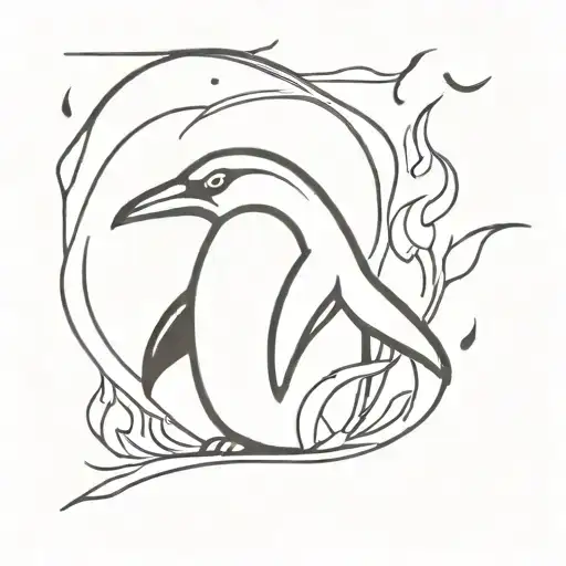 A minimalist design of a penguin surrounded by flames, symbolizing the client's love for fire and penguins tattoo design idea
