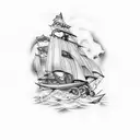 Sailor navigating through a sea of tallships tattoo design idea