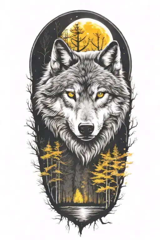 wolf with glowing yellow eyes. trees and moon surrounded tattoo design idea