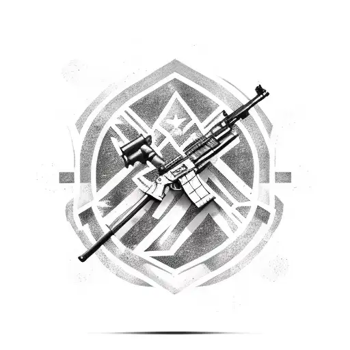 A minimalist tattoo of a rifle crossed with an axe, symbolizing the client's military and outdoor interests tattoo design idea