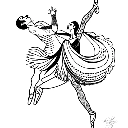 A ballet dancer gracefully balancing on one leg with vibrant red and purple feathers surrounding her tattoo design idea