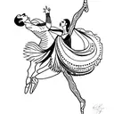 A ballet dancer gracefully balancing on one leg with vibrant red and purple feathers surrounding her tattoo design idea