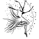 A ballet dancer gracefully balancing on one leg with vibrant red and purple feathers surrounding her tattoo design idea