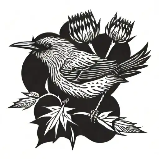 thistle and thrush bird tattoo design idea