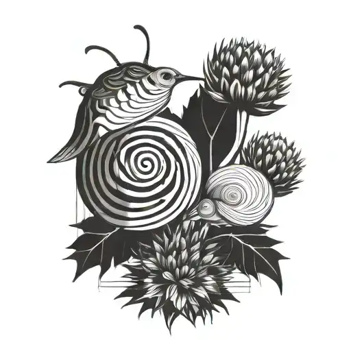 thistle thrush snail tattoo design idea