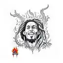 Bob Marley lyrics intertwined with flames and smoke in a graffiti-style font tattoo design idea