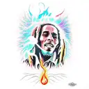 Bob Marley lyrics intertwined with flames and smoke in a graffiti-style font tattoo design idea