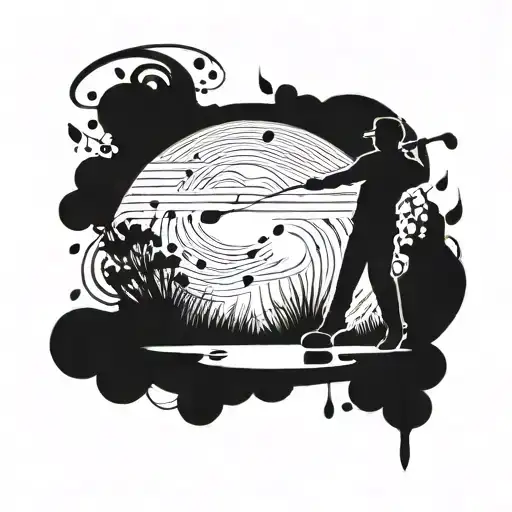 A silhouette of a professor playing golf with musical notes floating around tattoo design idea