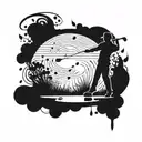 A silhouette of a professor playing golf with musical notes floating around tattoo design idea