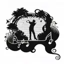 A silhouette of a professor playing golf with musical notes floating around tattoo design idea