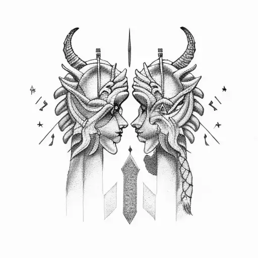 Two siblings holding hands, each with their zodiac sign (Capricorn and Leo) incorporated into their clothing tattoo design idea